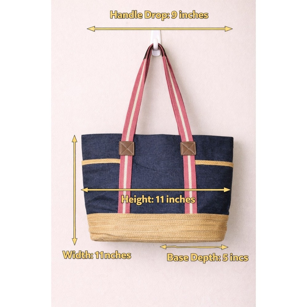 Tommy‎ Hilfiger Tote Bag Womens Denim Straw Pink Striped Handles Large Beach... - Picture 2 of 10